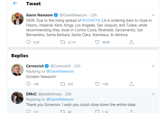 Califórnia Emite Nova Ordem e Decreta Fechamento de Bares em 7 Condados do Estado 2 O governador Gavin Newsom afirmou que as restrições tinham como objetivo controlar a propagação do coronavírus sem retomar naquele momento uma ordem geral de permanência em casa.