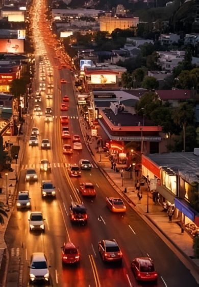 Vista aérea da Sunset Blvd., entre Hollywood e West Hollywood.