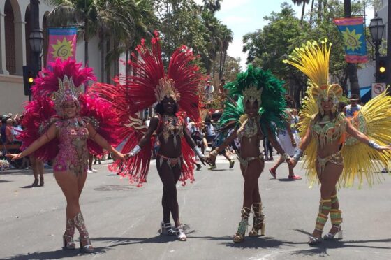 Brazilian dancers and musicians bring the unmistakable energy of Carnaval to the streets of Santa Barbara.