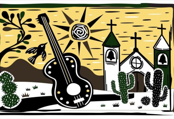 brasileiro cordel estilo panorama ilustracao sol igreja e guitarra xilogravura estilo vetor e1735429294989