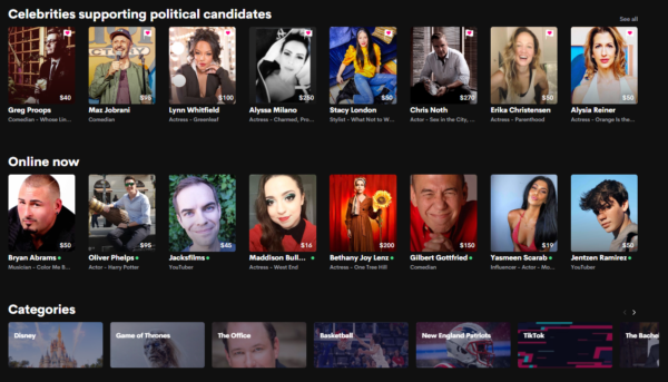 As celebridades disponíveis no Cameo aparecem divididas em categorias, para orientar a escolha do usuário.